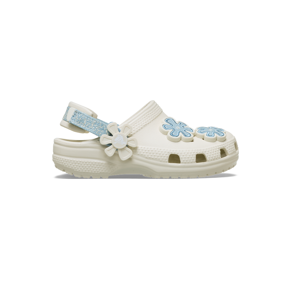 Toddler Classic Denim Flower Adjustable Backstrap Clog in Summit White